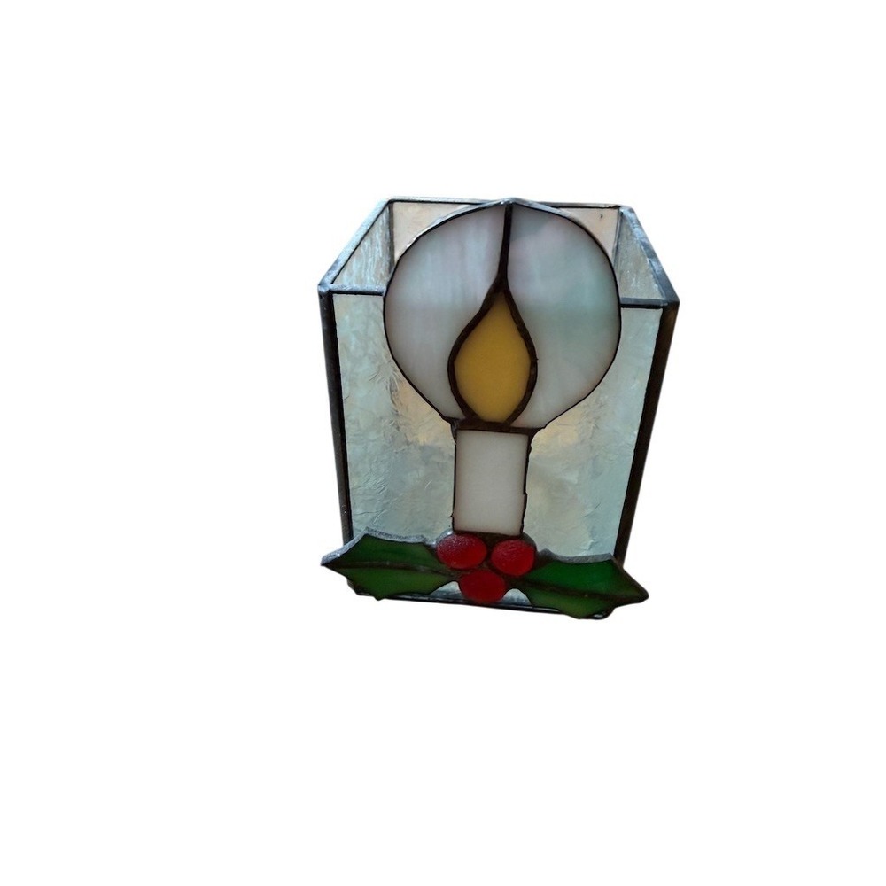 Stained Glass Christmas Candle Holder Holly Frosted Votive Hurricane 5in vintage
